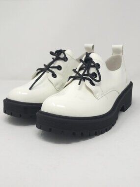 Chunky Platform Faux Leather Oxford Patent White Pat Trendy Lug Sole Lace Up